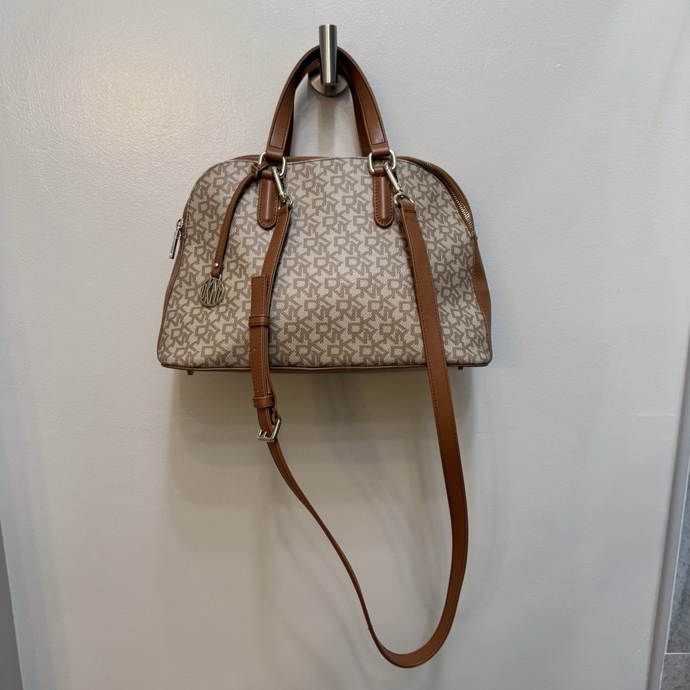 DKNY Heritage Coated Logo Satchel Crossbody Brown Cream w/ Hang Tag EUC - Picture 2 of 8